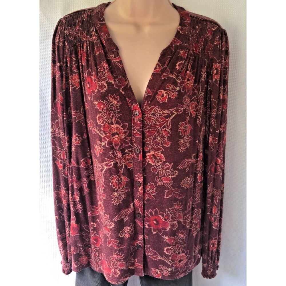 Knox Rose Women's L Knit V-Neck Button Up Top Burgundy Floral Boho - Picture 2 of 14